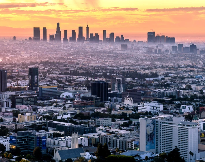 Los Angeles, California skyline at sunset.