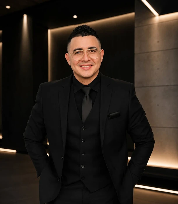 DJ Ricky, owner of Rizama Entertainment, wearing a black suit and smiling at the camera